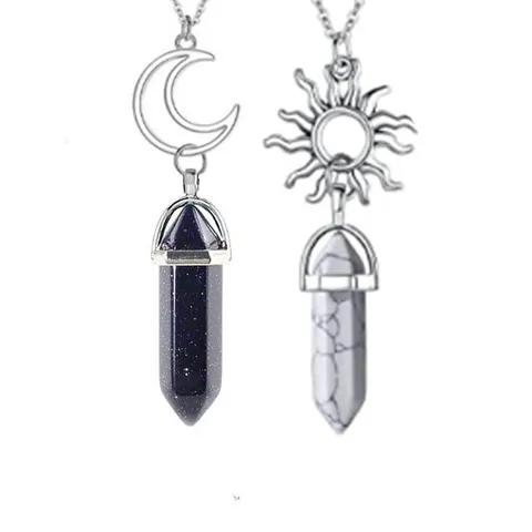 Vintage Sun Moon Pendant Necklace Set Natural Stone Hexagonal Crystal Pillar Bullet Couple Necklaces Jewelry