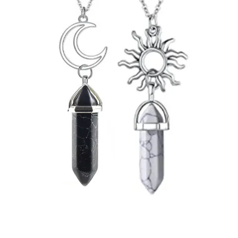 Vintage Sun Moon Pendant Necklace Set Natural Stone Hexagonal Crystal Pillar Bullet Couple Necklaces Jewelry