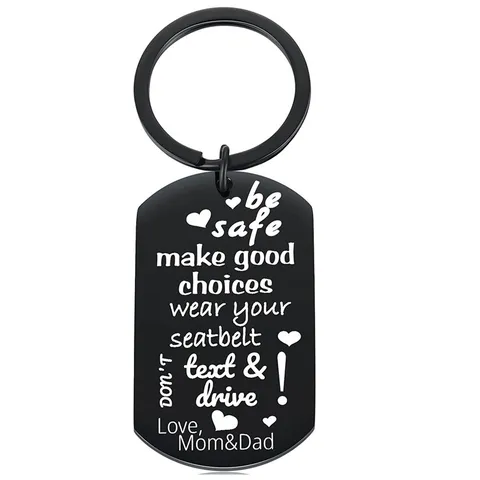 Llavero Dog Tag de Acero Inoxidable con Letras de Seguridad Colgante Grabado Llavero Conducción Segura Patrón de Corazón Regalo Joyería