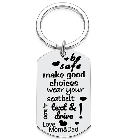 Llavero Dog Tag de Acero Inoxidable con Letras de Seguridad Colgante Grabado Llavero Conducción Segura Patrón de Corazón Regalo Joyería