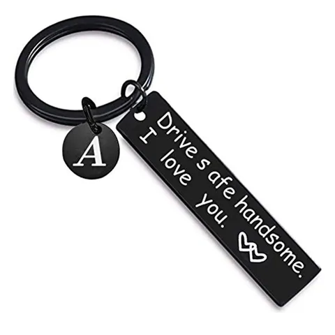 Black Stainless Steel Engraved Keychain Drive Safe Handsome I Love You Letter A-Z Dog Tag Pendant Key Ring Couples Gift