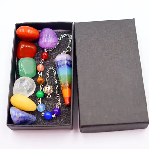 Piedra Natural Chakra Cristal de Sanación Columna Hexagonal Péndulo Colgante Yoga Meditación Joyería Espiritual Caja de Regalo