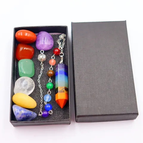 Piedra Natural Chakra Cristal de Sanación Columna Hexagonal Péndulo Colgante Yoga Meditación Joyería Espiritual Caja de Regalo