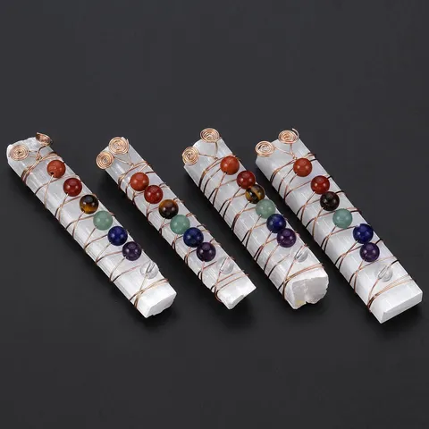 Natural Selenite Chakra Stones Handmade Copper Wire Wrapped Colorful Crystal Raw Mineral Wand Healing Reiki Home Decor Ornament Gift