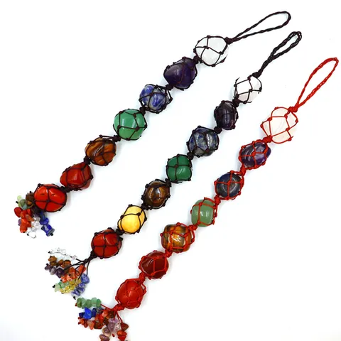 Naturstein Kristall Gewebt Hängende Ornament Unregelmäßige Sieben Farben Chakra Steine Auto Anhänger Für Yoga Meditation Heimtextilien Geschenk