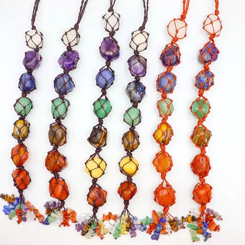 Naturstein Kristall Gewebt Hängende Ornament Unregelmäßige Sieben Farben Chakra Steine Auto Anhänger Für Yoga Meditation Heimtextilien Geschenk