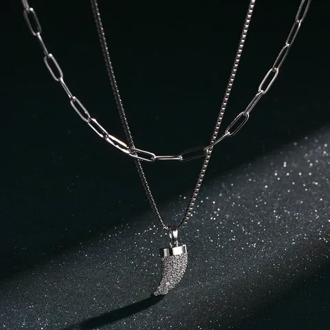 Juego de Collares para Hombre de Acero Inoxidable de Doble Capa Personalizado Con Colgante de Cuerno Incrustado de Circonia Joyería Hip Hop