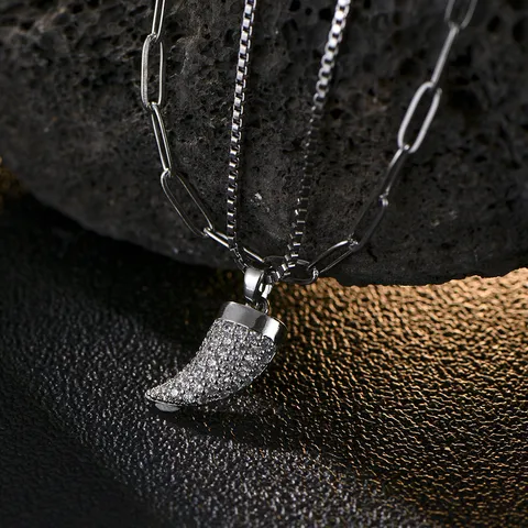 Juego de Collares para Hombre de Acero Inoxidable de Doble Capa Personalizado Con Colgante de Cuerno Incrustado de Circonia Joyería Hip Hop