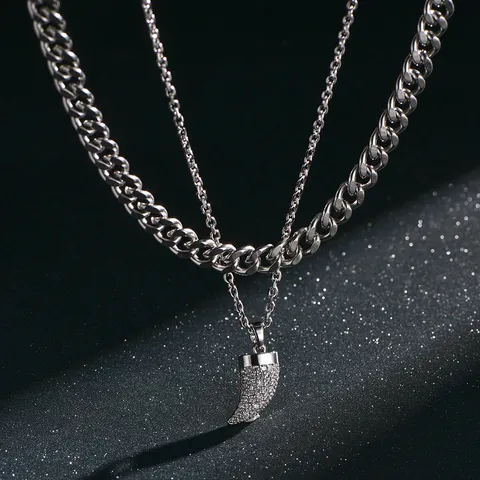 Juego de Collar de Doble Capa de Acero Inoxidable de Moda para Hombre Cadena Cubana Punk Con Colgante de Cuerno de Strass Joyería