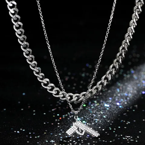 Heren Ketting Roestvrij Staal Dubbele Laag Hip Hop Zirconia Pistool Hanger Cubaanse Ketting Stoere Sieraden