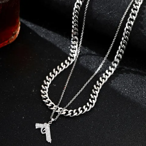 Heren Ketting Roestvrij Staal Dubbele Laag Hip Hop Zirconia Pistool Hanger Cubaanse Ketting Stoere Sieraden