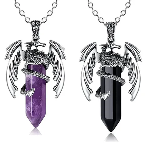 Vintage Flugsaurier Kristall Anhänger Halskette Gothic Fliegender Drache Umhüllt Hexagonale Säule Quarzstein Anhänger Für Damen Herren Fantasy Schmuck
