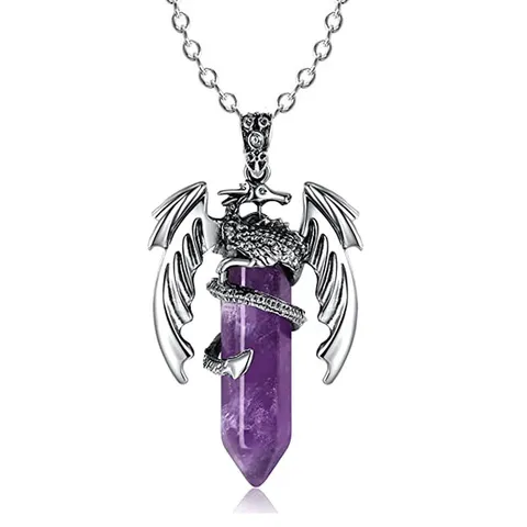 Vintage Flugsaurier Kristall Anhänger Halskette Gothic Fliegender Drache Umhüllt Hexagonale Säule Quarzstein Anhänger Für Damen Herren Fantasy Schmuck