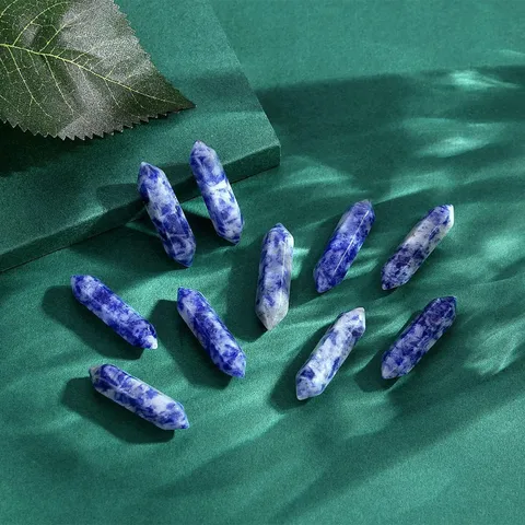 Natural Blue Spot Stone Double Pointed Hexagonal Crystal Pillar Bullet Shape Healing Wand Meditation Ornament Home Decor