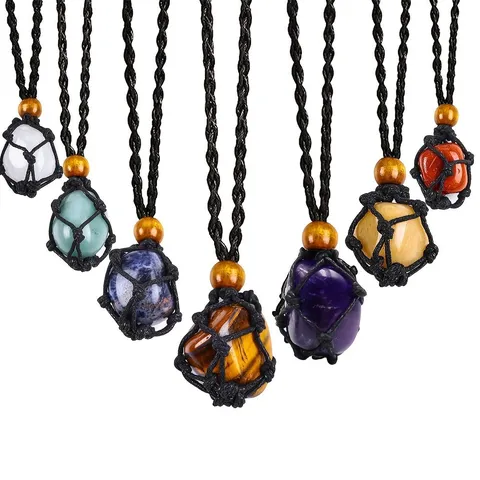 Handwoven Raw Natural Stone Mesh Pouch Necklace Adjustable Rope Sweater Chain Retro Literary Chinese Style Unisex Quartz Crystal Mineral Pendant Jewelry Gift