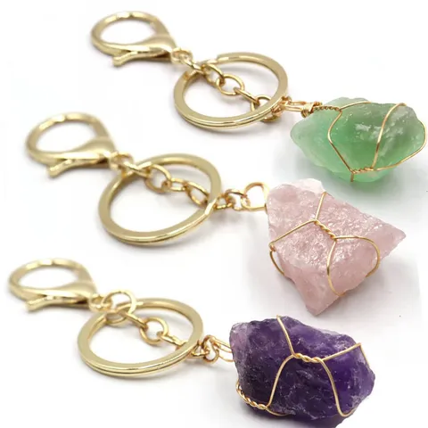 Handgemaakte Draadomwikkeld Natuurlijk Kristal Ruwe Steen Sleutelhanger Onregelmatige Mineraal Kwarts Sleutelhanger Sieraden Voor Rugzak Handtas Hanger Accessoires