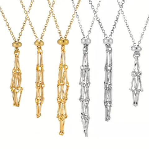 Handmade Zinc Alloy Adjustable Bamboo Joint Net Mesh Cage Pendant Necklace Minimalist Natural Stone Holder Jewelry Women