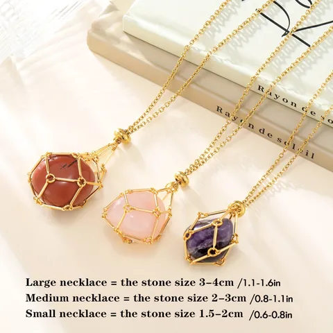 Handmade Zinc Alloy Adjustable Bamboo Joint Net Mesh Cage Pendant Necklace Minimalist Natural Stone Holder Jewelry Women