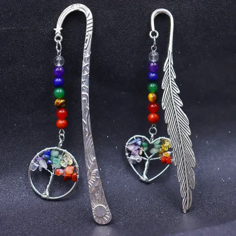 Handmade Metal Tree Of Life Bookmark With 7 Chakra Natural Crystal Beads Feather Vintage Style Book Page Marker For Reading Students Office Gift