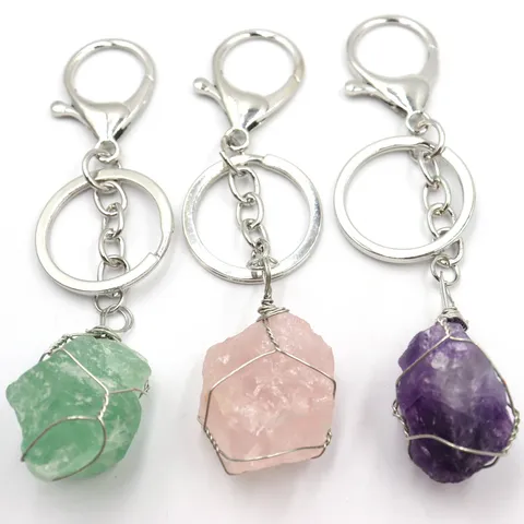 Handgemaakte Draadomwikkeld Natuurlijk Kristal Ruwe Steen Sleutelhanger Onregelmatige Mineraal Kwarts Sleutelhanger Sieraden Voor Rugzak Handtas Hanger Accessoires