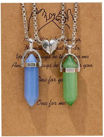Luminous Hexagonal Column Pendant Necklace Set Magnetic Heart Matching Alloy Synthetic Crystal Couple Necklace For Valentine Gift
