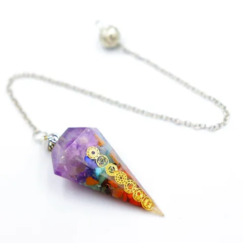 Vintage Hexagonal Cone Resin Pendant Multicolor Crystal Chips Chakra Healing Pendulum Handmade Jewelry Gift For Unisex
