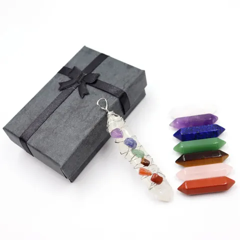 Pierres de Cristal Naturel Ensemble de Cristaux de Guérison 7 Chakra Pointes de Quartz Colonne Hexagonale Avec Pendentif