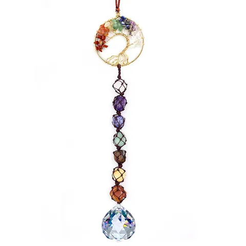 Natural Stone Tree Of Life Car Hanging Ornament Crystal Suncatcher Wind Chime Handmade Colorful Gravel Woven Hanging Decor For Home Car