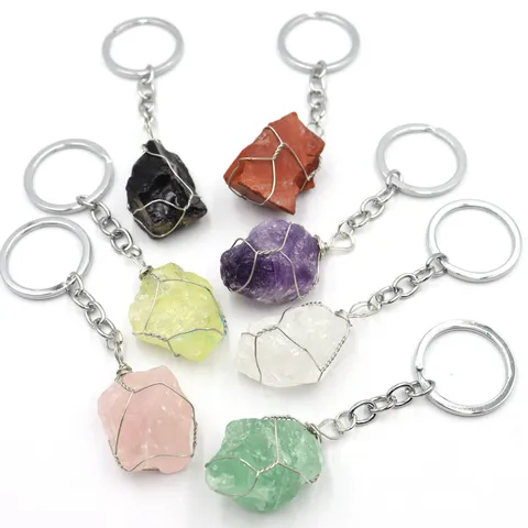 Natuurlijke Kristal Kwarts Ruwe Steen Draad Omwikkeld Sleutelhanger Handgemaakt Onregelmatige Mineraal Erts Hanger Sleutelring Tas Bedeltje