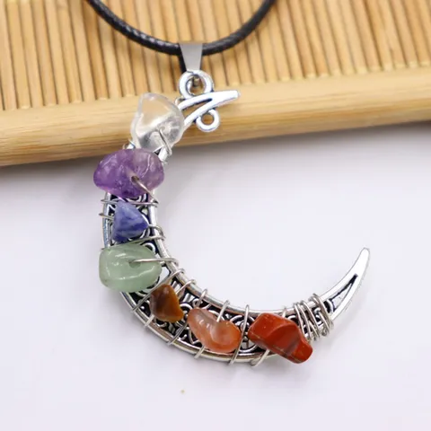 Böhmische Chakra Kristall Mond Stern Anhänger Halskette Handgewickelt Draht Heilstein Splitter Perlen Schmuck Für Damen Kleidung Dekor