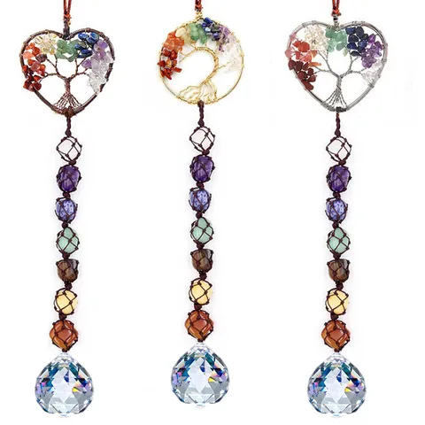 Natural Stone Tree Of Life Car Hanging Ornament Crystal Suncatcher Wind Chime Handmade Colorful Gravel Woven Hanging Decor For Home Car