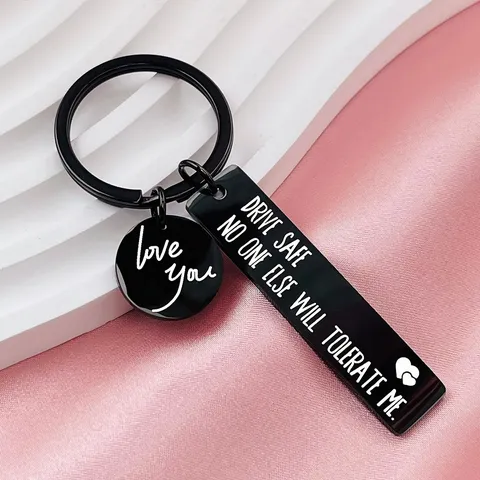 Drive Safe I Love You Engraved Titanium Steel Keychain For Couple Car Key Ring Gift Black Metal Bar Dog Tag Keyring
