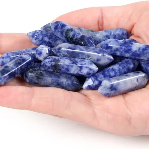 Natural Blue Spot Stone Double Pointed Hexagonal Crystal Pillar Bullet Shape Healing Wand Meditation Ornament Home Decor