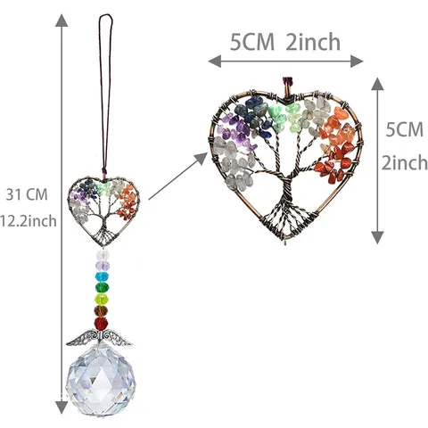 Attrape-Soleil en Cristal Arbre De Vie Pierre Naturelle Décoration Suspendue Ailes D'Ange Prisme Perles Chakra Pour Maison Voiture