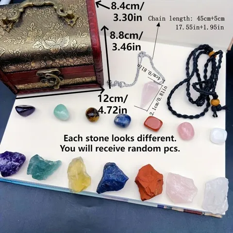 Péndulo de Cristal Natural Juego de Piedras de Curación Yoga Cuarzo Hexagonal Cono Colgante Red Trenzada Kits Caja Madera