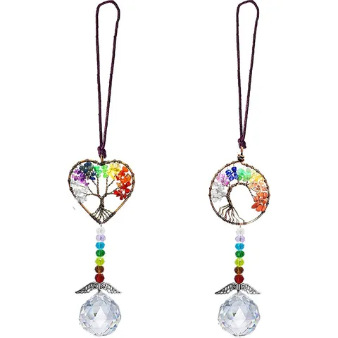 Attrape-Soleil en Cristal Arbre De Vie Pierre Naturelle Décoration Suspendue Ailes D'Ange Prisme Perles Chakra Pour Maison Voiture