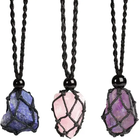 Natürliche Rohkristallstein Anhänger Halskette Handgefertigt Handgewebte Netztasche Unregelmäßiger Edelstein Heilung Reiki Energie Schmuck Für Unisex