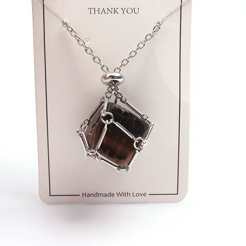 Natural Crystal Raw Stone Pendant Necklace Adjustable Mesh Cage Bamboo Joint Chain Alloy Neckwear Jewelry For Women Men Everyday