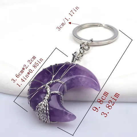 Llavero de Luna Árbol de la Vida de Cristal Natural Colgante de Piedra Envuelto en Alambre Hecho a Mano Amuleto de Bolso Joyería de Cristal Curativo