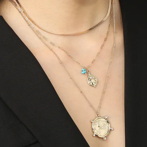 Collana Multistrato Staccabile Con Ciondolo a Disco Ritratto Catena a Serpente Piatta in Lega Rame Pietra Naturale Strass per Donna Gioielli da Festa