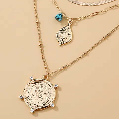 Collana Multistrato Staccabile Con Ciondolo a Disco Ritratto Catena a Serpente Piatta in Lega Rame Pietra Naturale Strass per Donna Gioielli da Festa