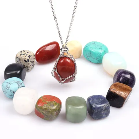 Natural Crystal Raw Stone Pendant Necklace Adjustable Mesh Cage Bamboo Joint Chain Alloy Neckwear Jewelry For Women Men Everyday