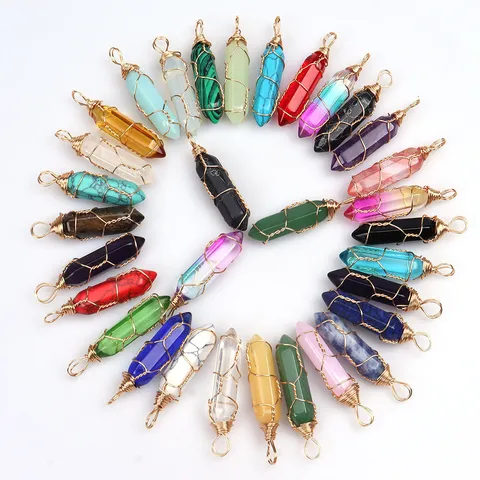 Collar De Pendiente De Cristal De Columna Hexagonal Envuelto En Alambre Hecho A Mano Para Mujer Aleación Piedra Natural