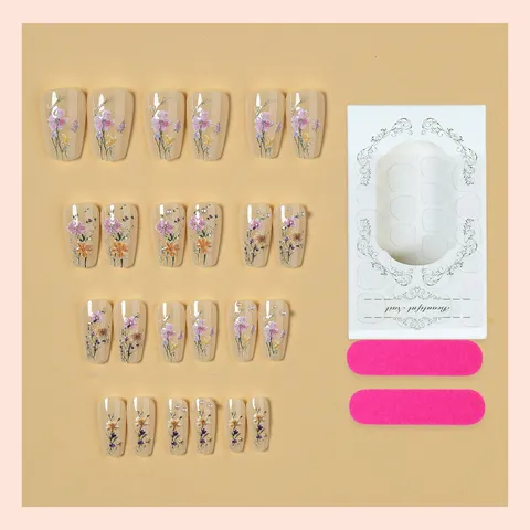 Uñas Postizas Largas Forma Ataúd Rosa Nude Con Decoración Floral 3D y Perlas Artificiales Estilo Francés Brillante para Mujer Uso Diario Fiesta