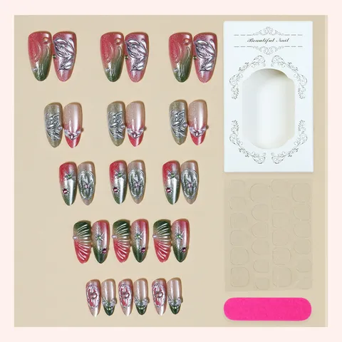 Handmade 3D Relief Gel Silver Cat Eye Almond Press On Nails Rhinestone Artificial Pearl Gradient French False Nails For Women Jewelry