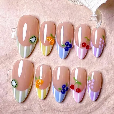 Summer French Fruit Almond Press On Nails Kit Colorful Stripe Drip Glue Artificial Finger Nail Decoration For Women Daily