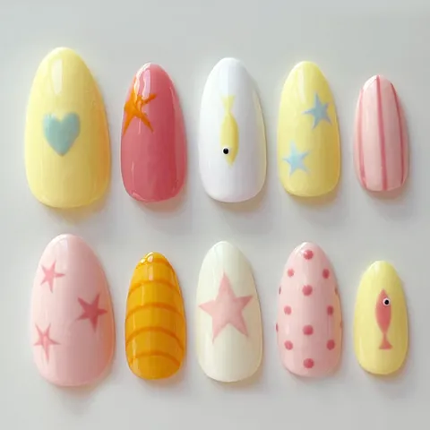 Cute Cartoon Summer Almond Press On Nails Art Heart Starfish Pattern Full Cover Fake Nails With Jelly Glue File For Women Girls Decorative