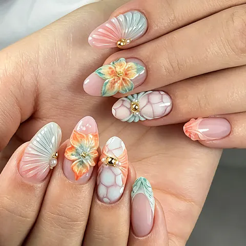 Faux Ongles à Presser Fait Main Style Occidental Effet Œil de Chat Avec Fleur 3D Motif Marbre Français Amande Boîte Set