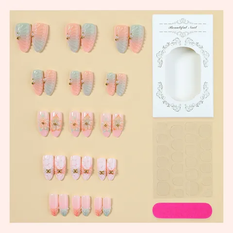 Faux Ongles à Presser Fait Main Style Occidental Effet Œil de Chat Avec Fleur 3D Motif Marbre Français Amande Boîte Set