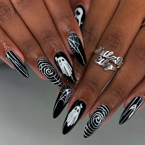 Halloween Künstliche Fingernägel Stiletto Dunkler Stil Lange Falsche Nägel Schwarz Weiß Geist Spinnennetz Bedruckt Full Cover Fake Nails Mit Strass